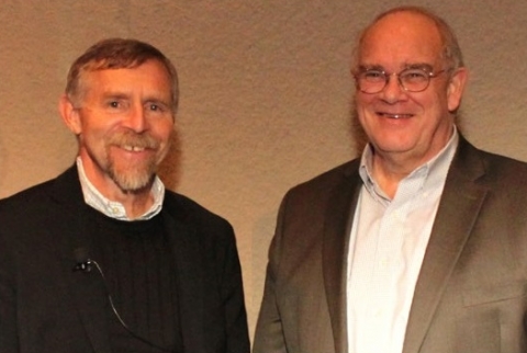 Dr. Dennis Clegg (l) was welcomed by NEI director Dr. Paul Sieving.